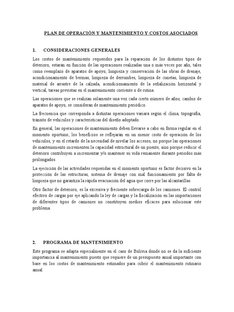 Plan de Operación y Mantenimiento y Costos Asociados | PDF ...