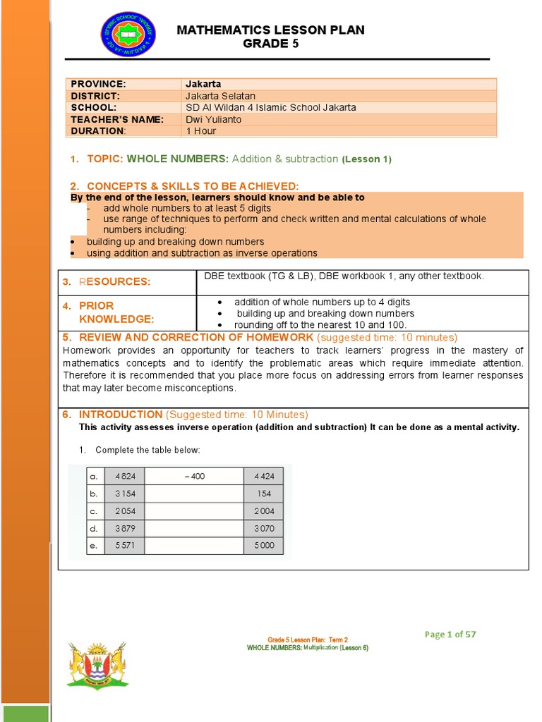 Grade 5 Mathematics Term 2 Plans | PDF | Lesson Plan | Subtraction