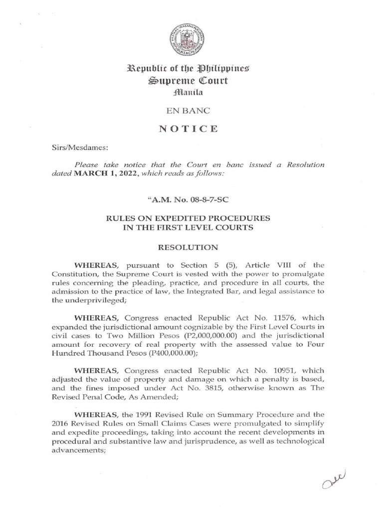 Rules On Expedited Procedures in The First Level Courts (A.m. No. 08-8 ...
