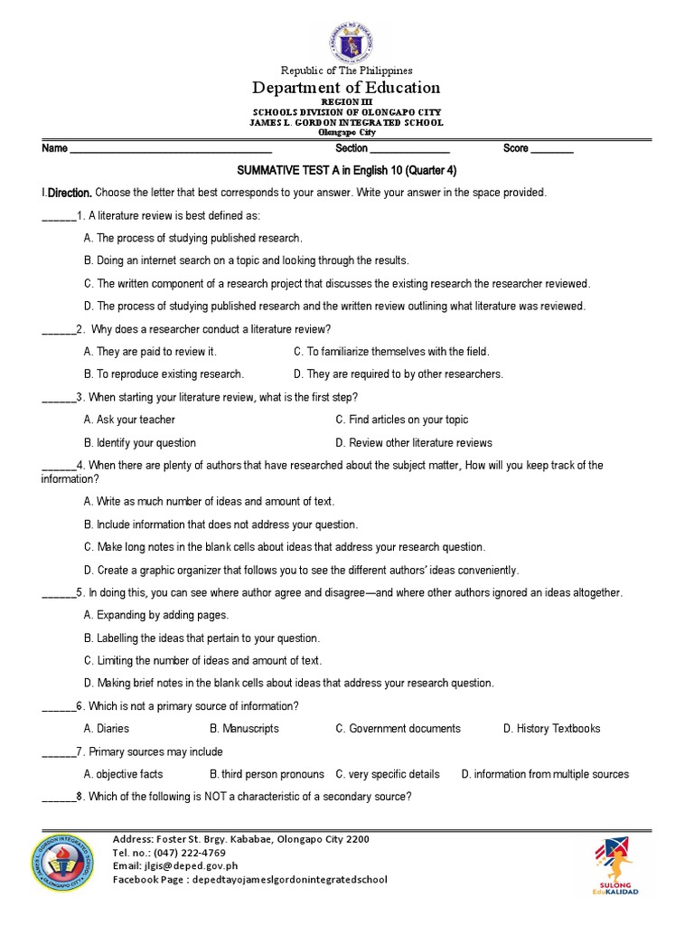 English 10 Summative Test A Q4 | PDF | Primary Sources | Cognition