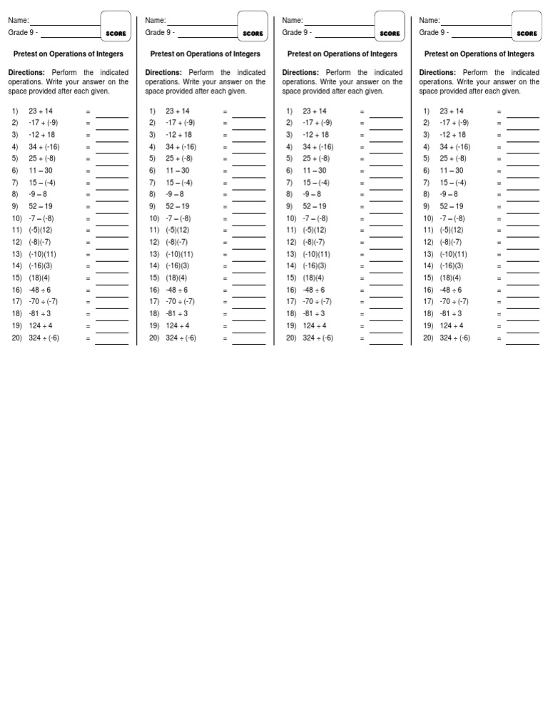 INtegers Operations Pretest | PDF