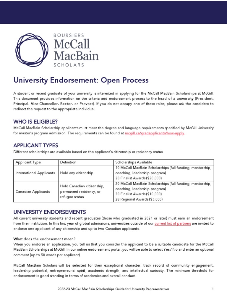 2022 23 McCall MacBain Scholarships Open Endorsement | PDF | University ...