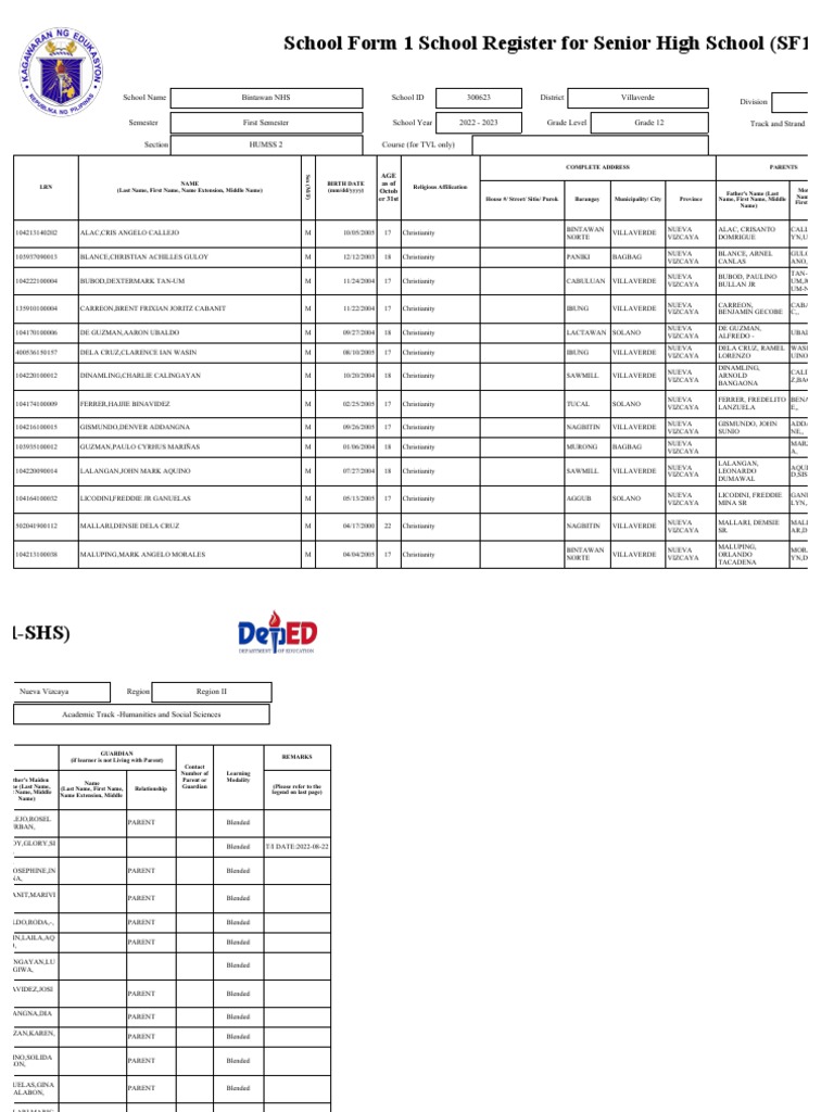 Senior High School Register SF1-SH | PDF