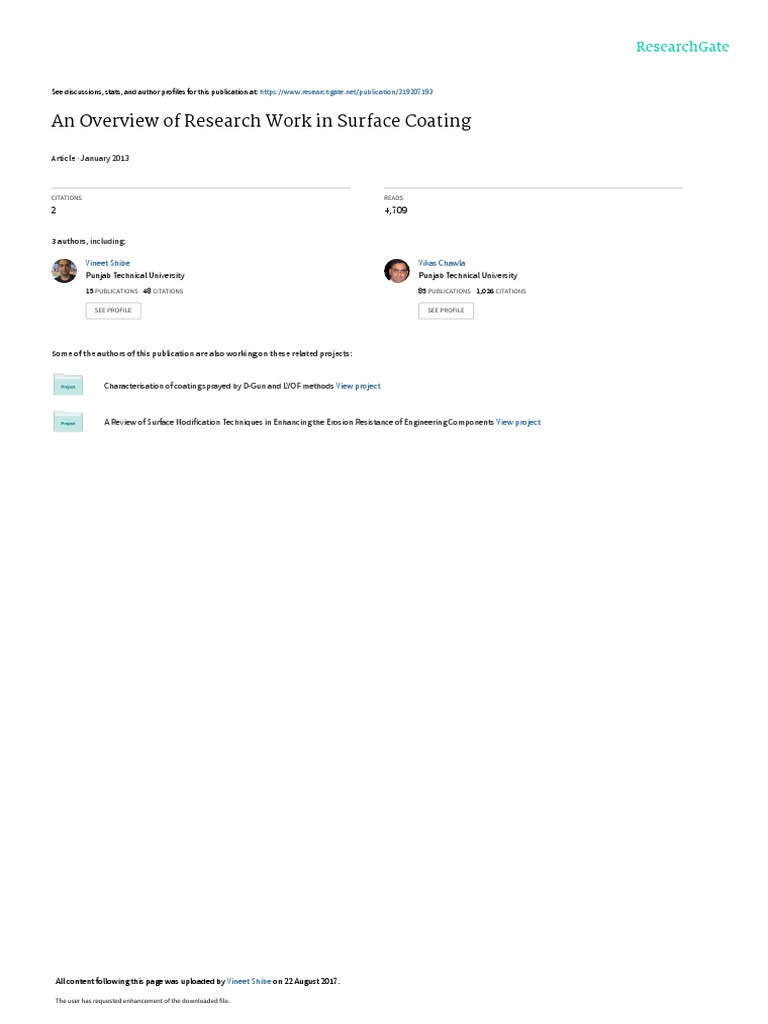An Overviewof Research Workin Surface Coating PDF Wear Thin Film