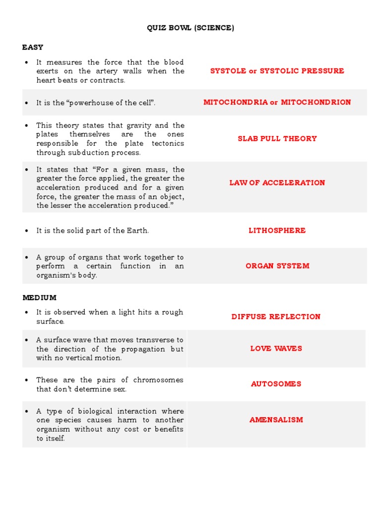 Science Quiz Bowl Pdf Cell Biology Mitochondrion