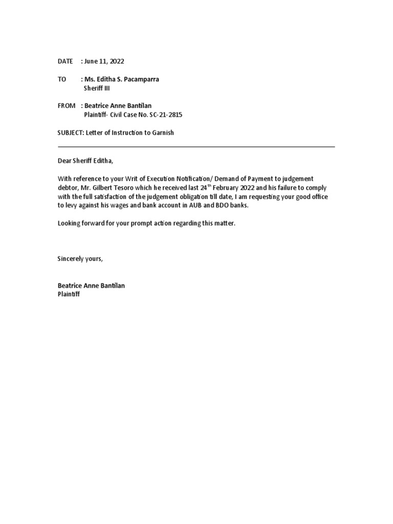 Request Letter To Garnish | PDF
