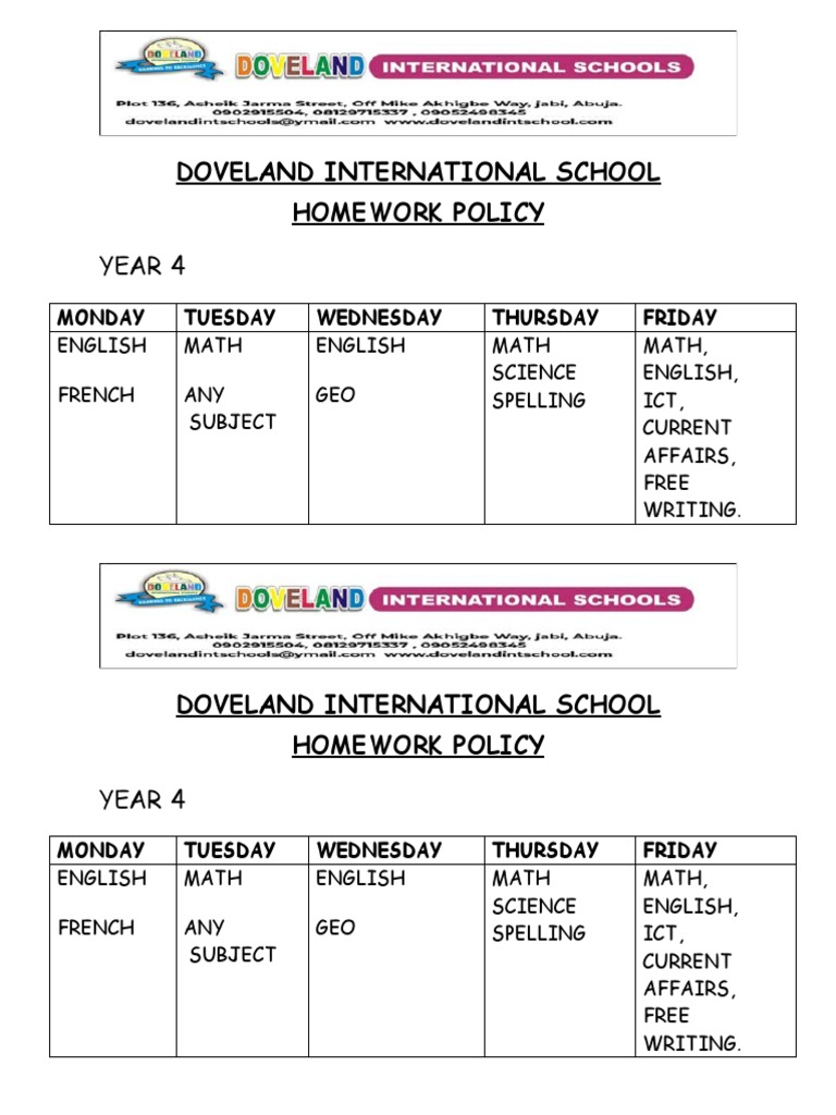 Doveland School Yearly Homework Policy | PDF | Geography
