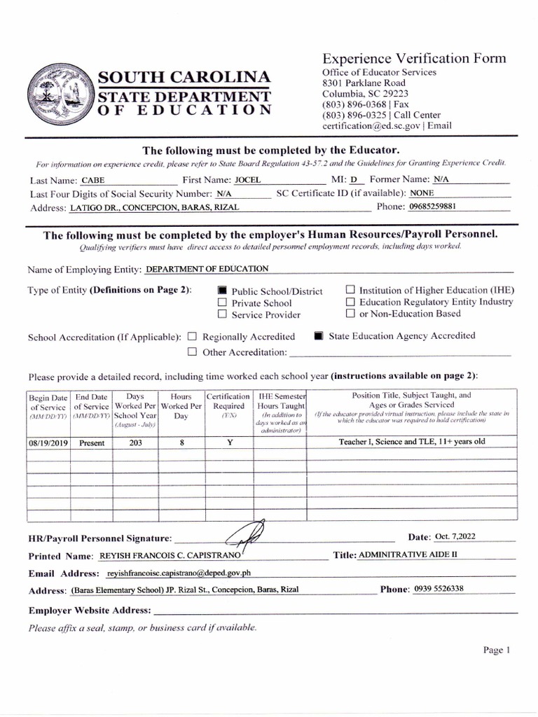 Experience Verification Form PDF