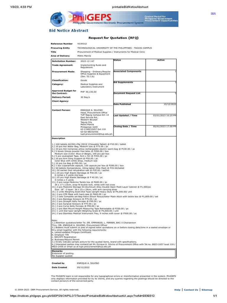 202212147 Procurement of Medical SuppliesInstruments For Medical