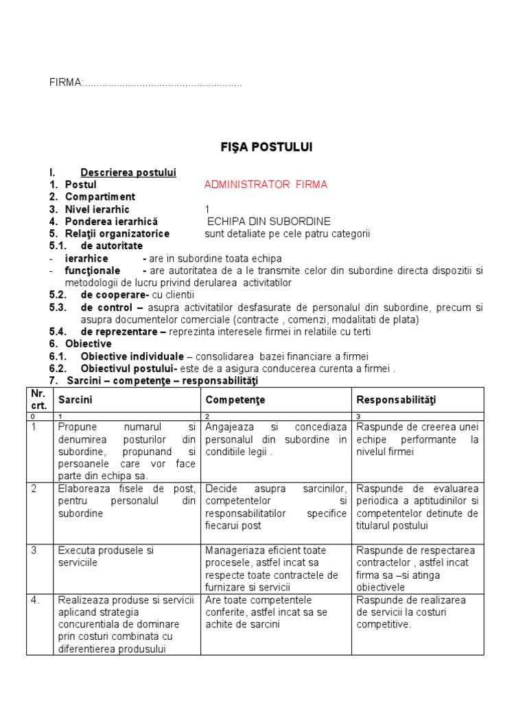 Fisa Post Cadru D.G PDF