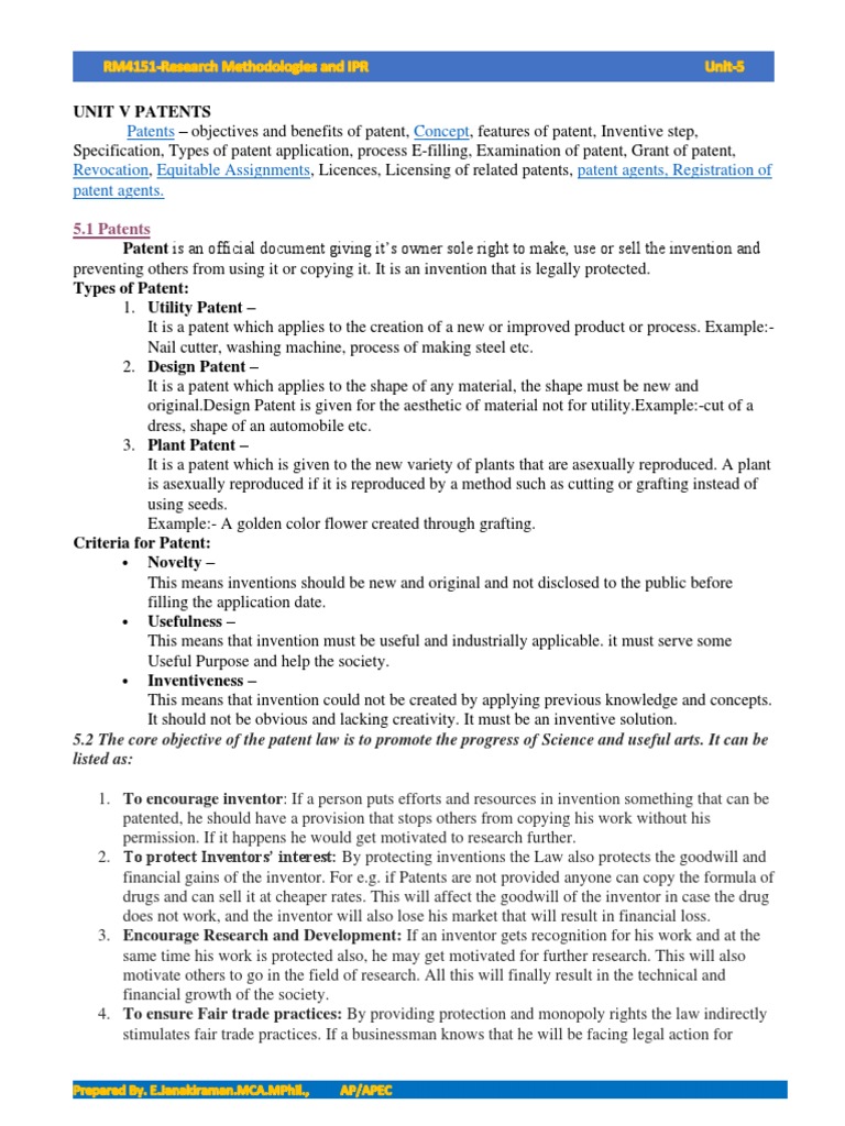Overview of Patent Objectives and Types | PDF | Patent | Patent Application