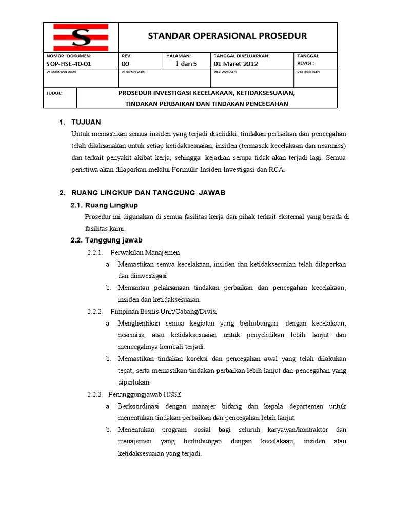 Sop Hse 04 01 Investigasi Kecelakaan Pdf