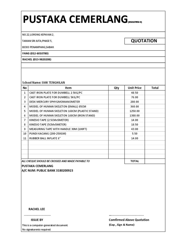 School Fitness Equipment and Supplies Quotation from Pustaka Cemarlang