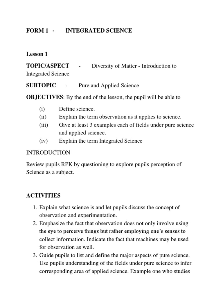 Full sugested lesson plan on introduction to integrated science form 1