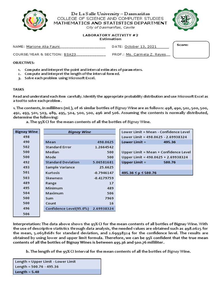 Laboratory Exercise2 PDF Confidence Interval Standard Deviation