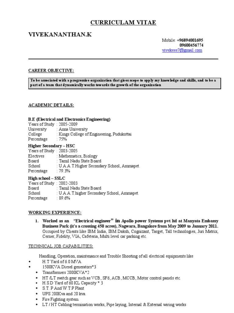 Electrical Engineer CV - Vivekananthan K. | PDF | Specification ...