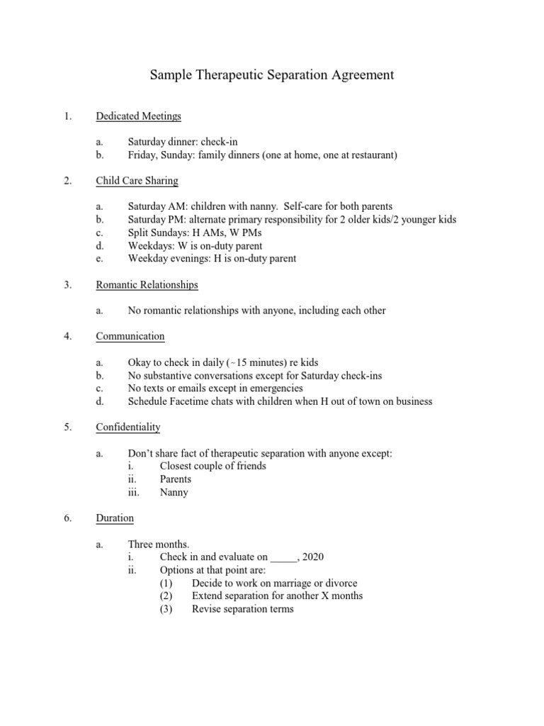 Sample Therapeutic Separation Agreement PDF Social Institutions
