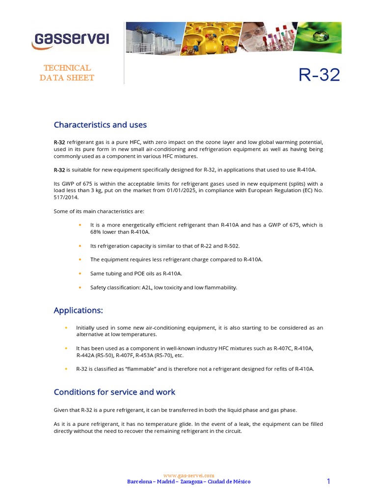 Tds Technical Data Sheet R 32 Gas Servei PDF Phases Of Matter