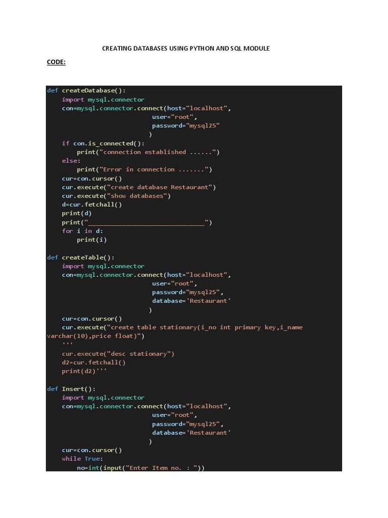CREATING DATABASES USING PYTHON AND SQL MODULE PDF | PDF | Sql ...