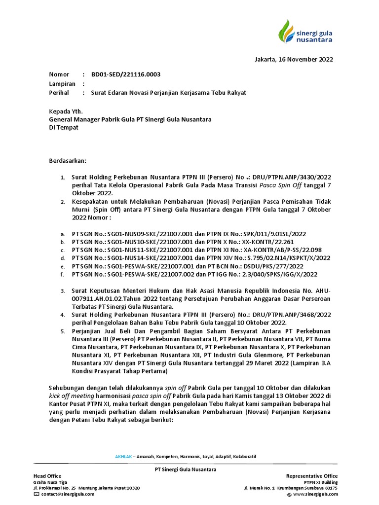 Surat Edaran Novasi Perjanjian Kerjasama Tebu Raky - 221118 - 090612 | PDF