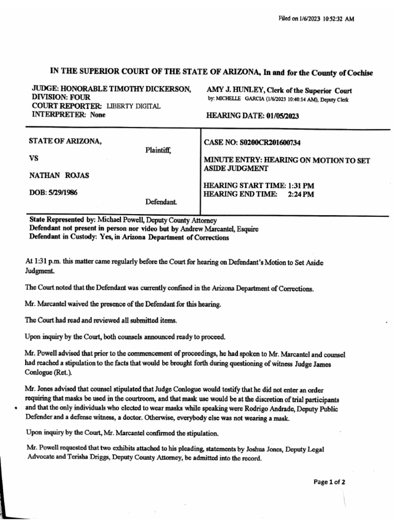 Hearing minute entry motion to set aside judgment in state of arizona