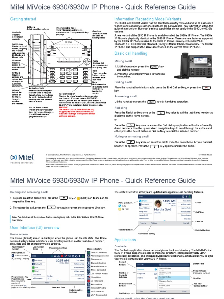 Mitel MiVoice 6930 6930w IP Phone Quick Reference Guide GA R 2.