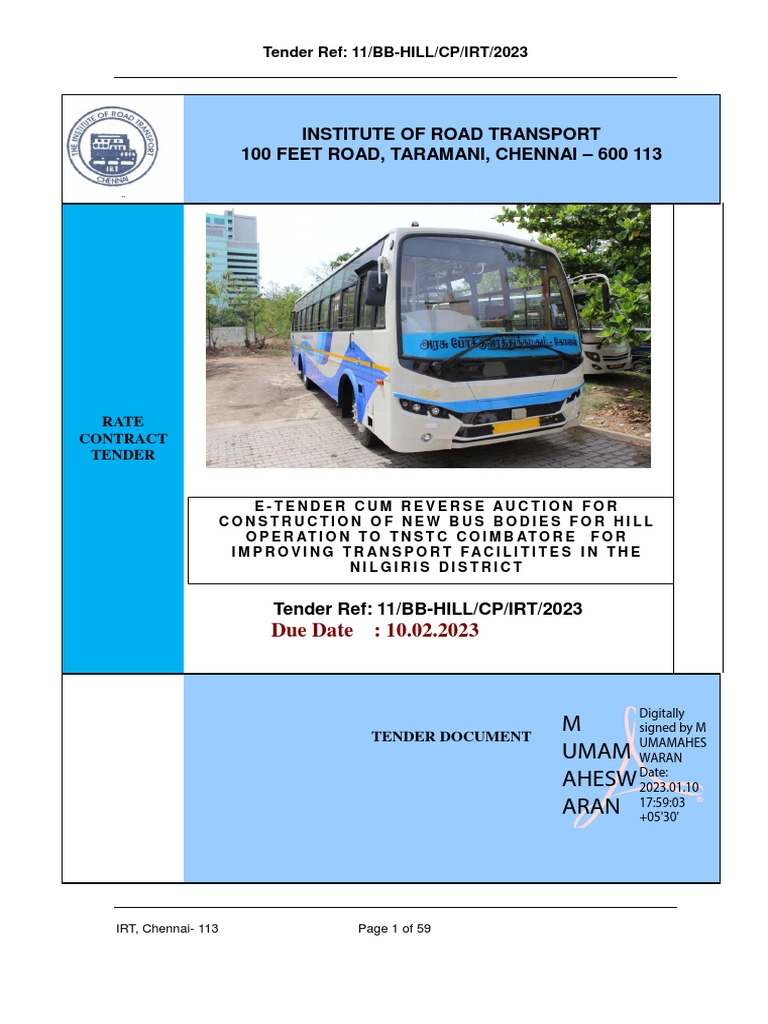 TN Bus Tender India 2022 TD Irt209046 Nit 16 BB Tender Document Hill