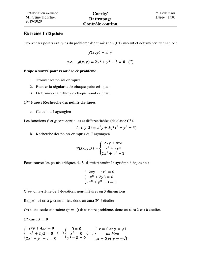 Corrigé d'Optimisation Avancée M1 | PDF | Extremum | Optimisation ...