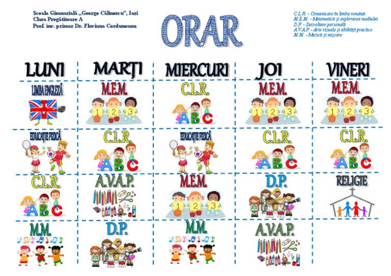 Orar - Clasa Pregătitoare A | PDF