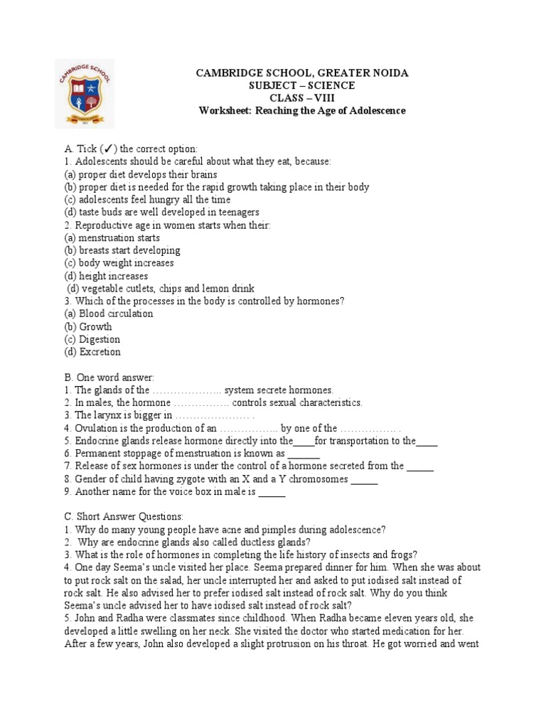 Adolescence Worksheet for Class 8 | PDF | Adolescence | Hormone