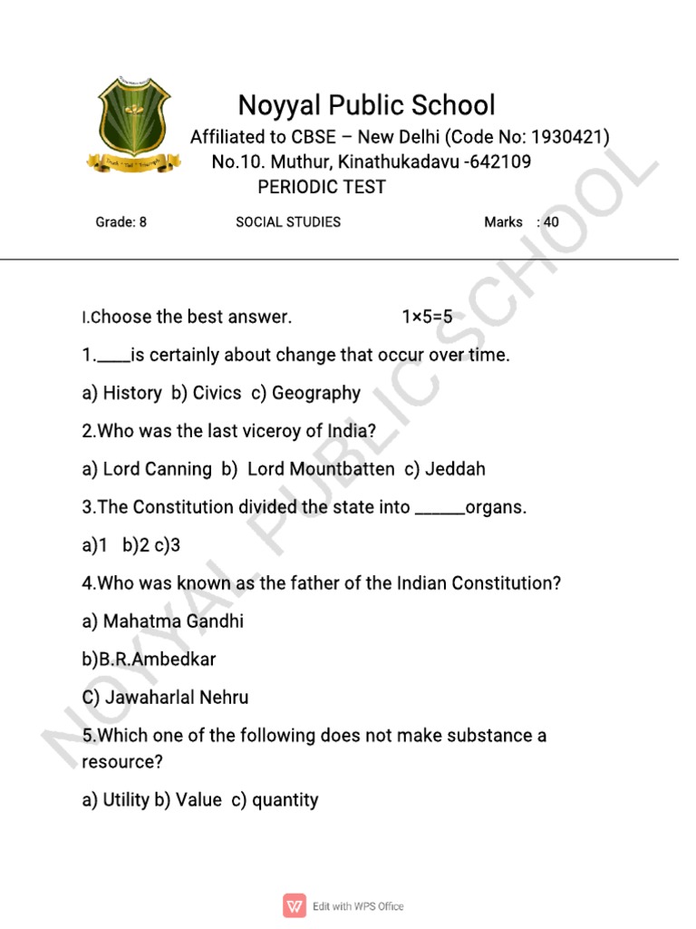 Grade 8 Periodic Test SST PDF