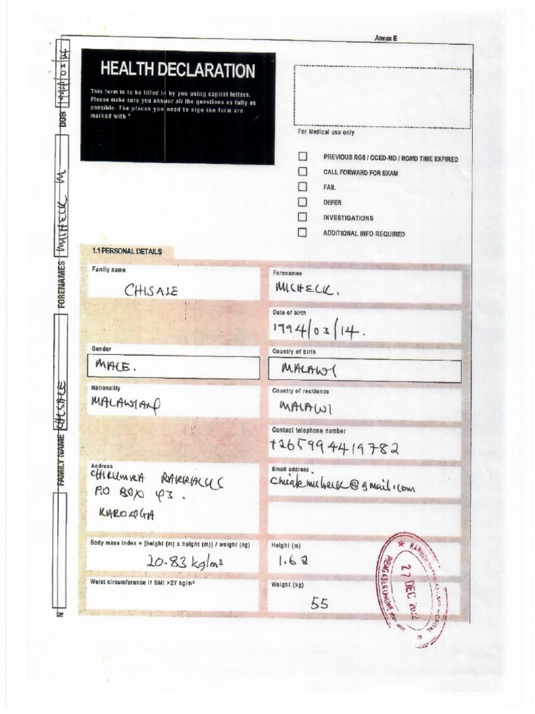 Health Declaration Form | PDF