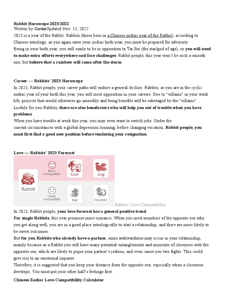 Rabbit Horoscope 2023 PDF Horoscope Astrology