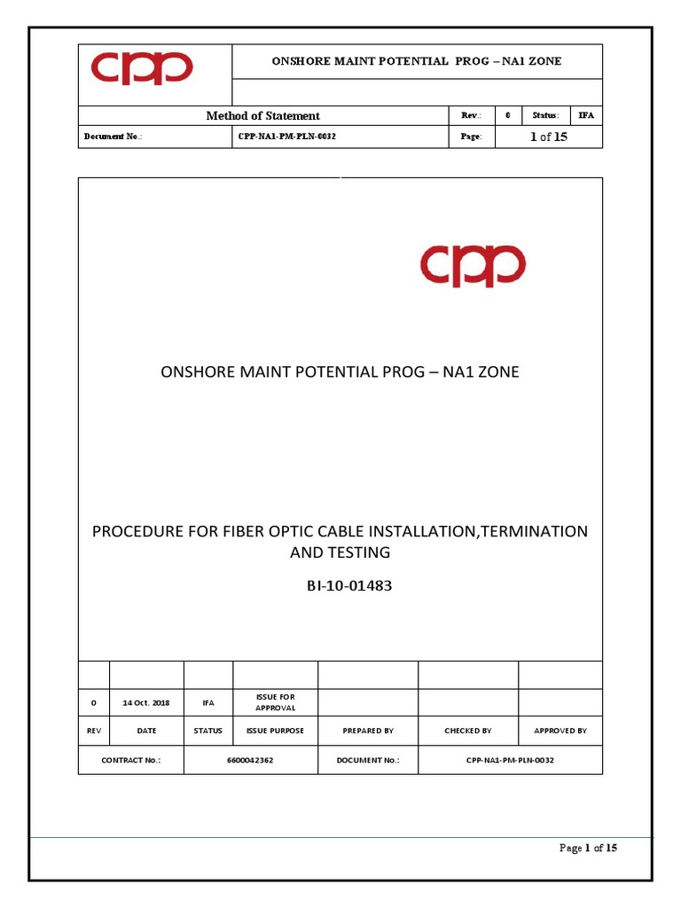 Procedure For Fiber Optic Cable Installation and Termination PDF Optical Fiber