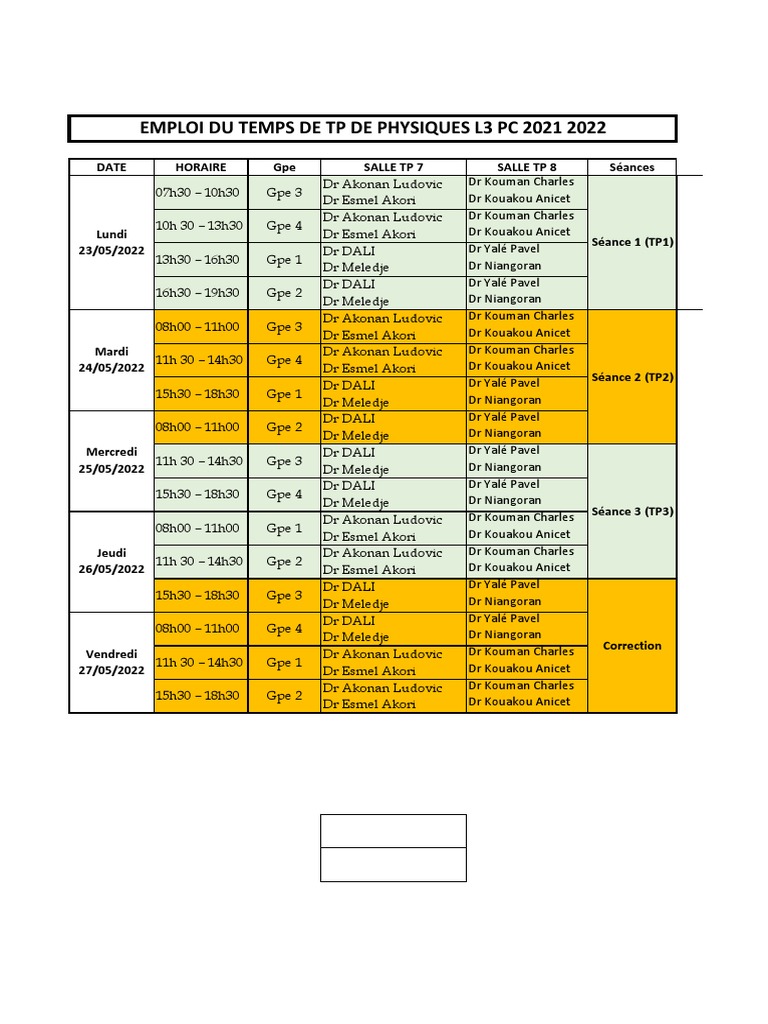 Emploi du temps TP Physiques L3 PC PDF Développement personnel — free download