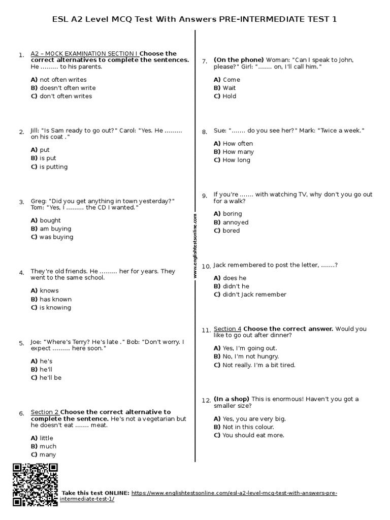 677 esl a2 level mcq test with answers pre intermediate test 1 pdf