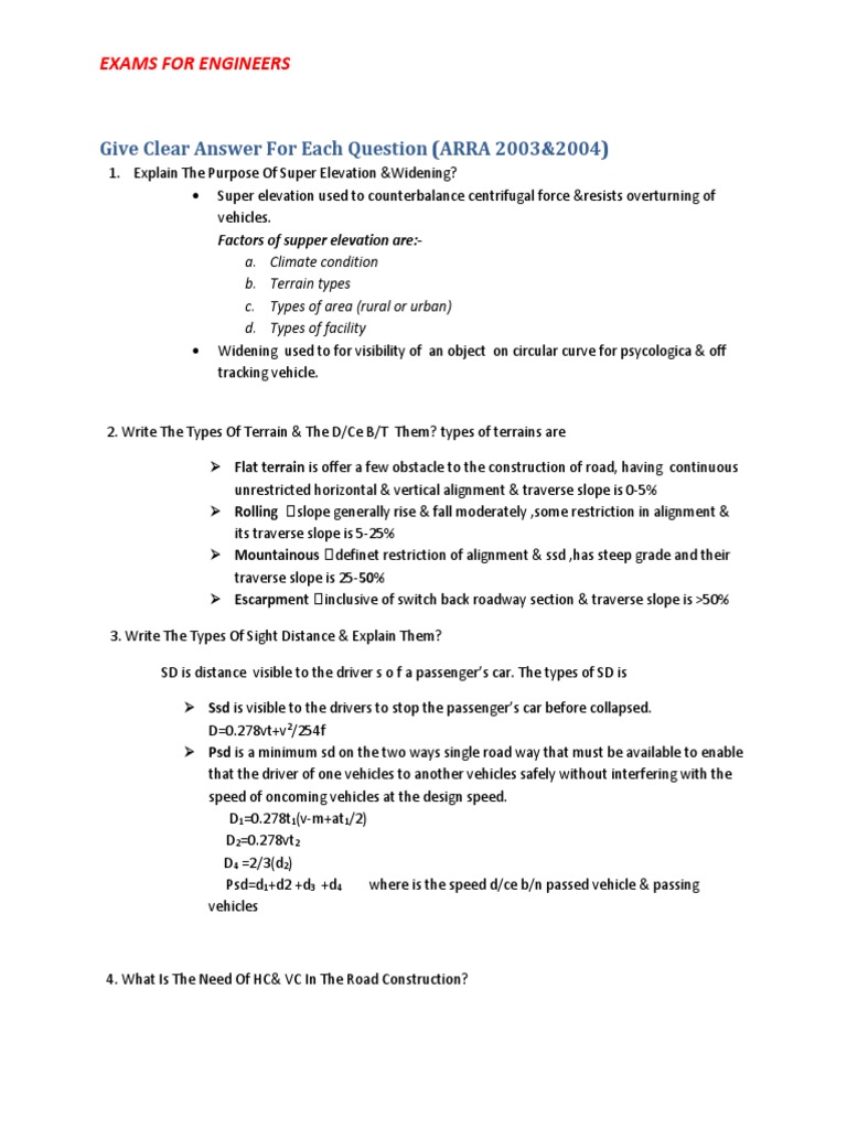 Engineering Exam Questions Overview | PDF | Road Surface | Concrete