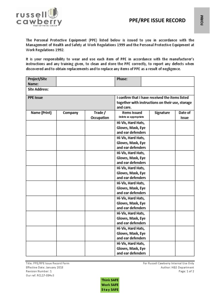 PPE/RPE Issue Record Form | PDF | Personal Protective Equipment ...