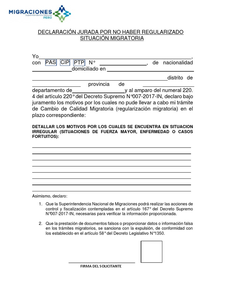 Declaracion Jurda Por No Haber Regularizado Su Situacion Migratoria ...