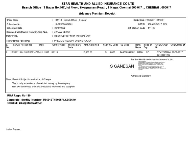 Star Health Premium Payment Receipt | PDF | Insurance | Corporate Law
