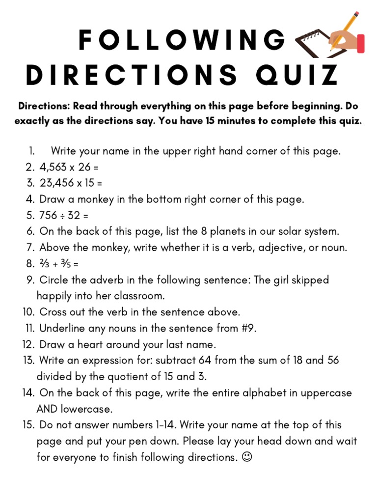 Following Directions Quiz PDF