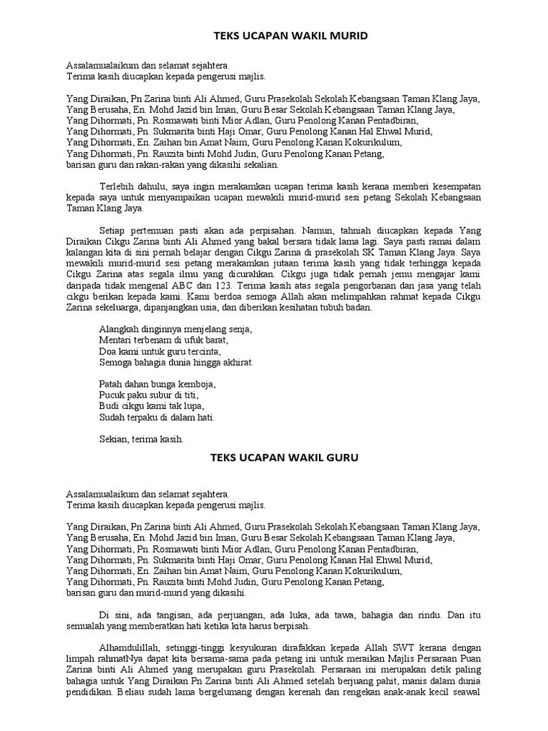 Ucapan Wakil Murid Dan Guru Sempena Persaraan Pdf