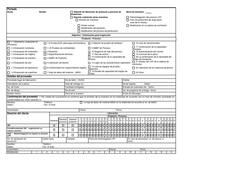 VDA Volume 2 Appendix 5 Cover Sheet Espanol | PDF | Informática
