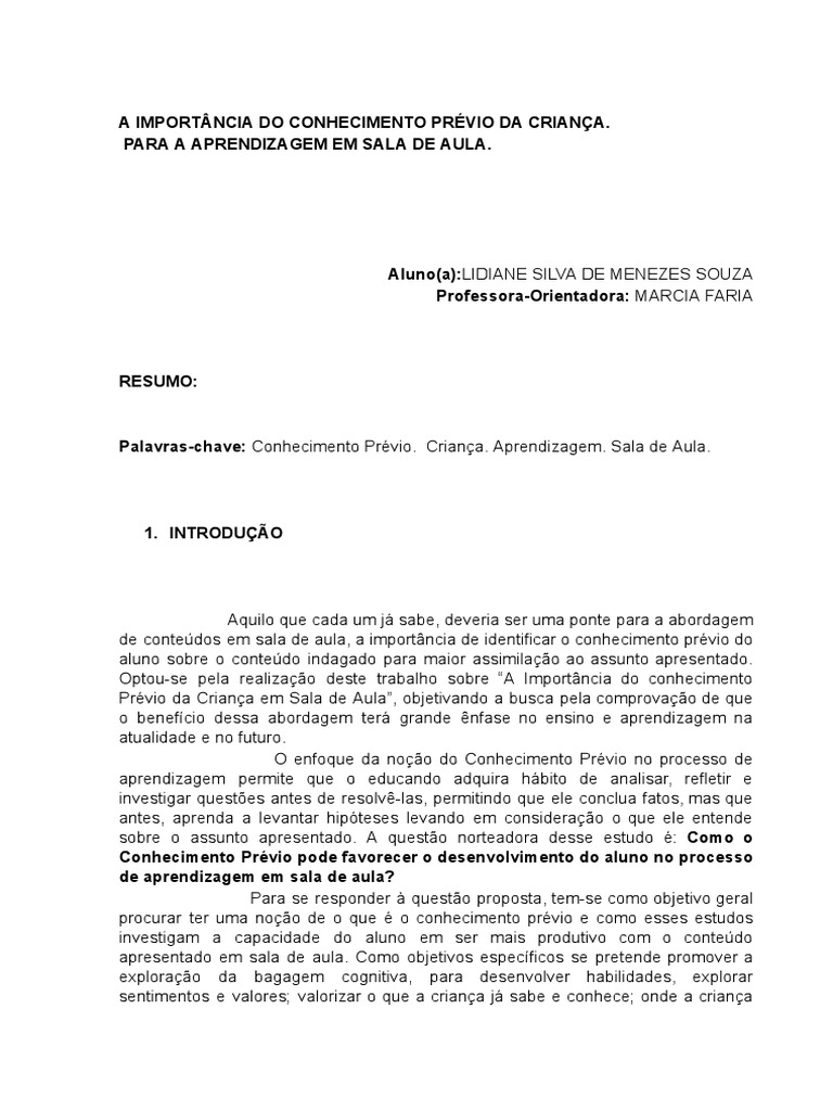 Conhecimento Prévio e Aprendizagem Infantil | PDF | Aprendizado ...
