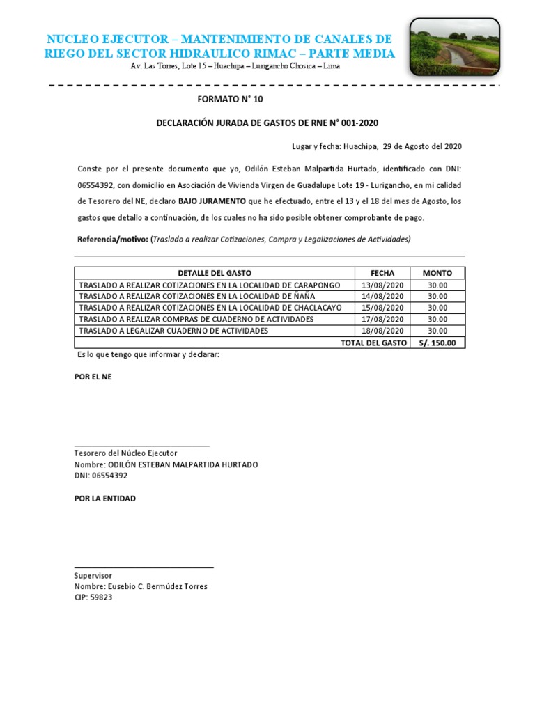 Modelo De Declaracion Jurada De Gastos Sin Comprobante V Rios ...