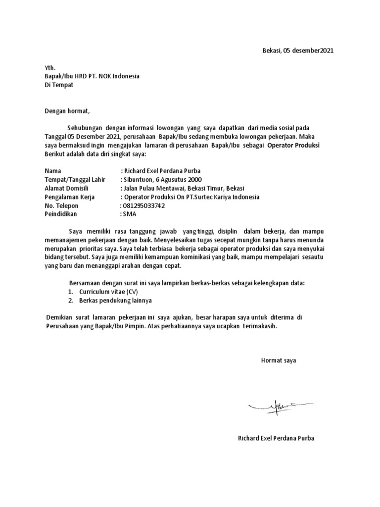 Surat Lamaran PT MATTEL 02 | PDF