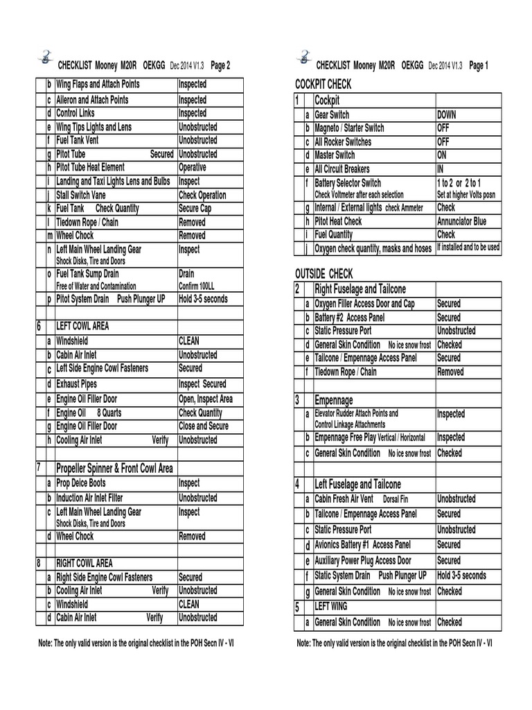 Mooney M20R Checklist PDF Turbocharger Takeoff