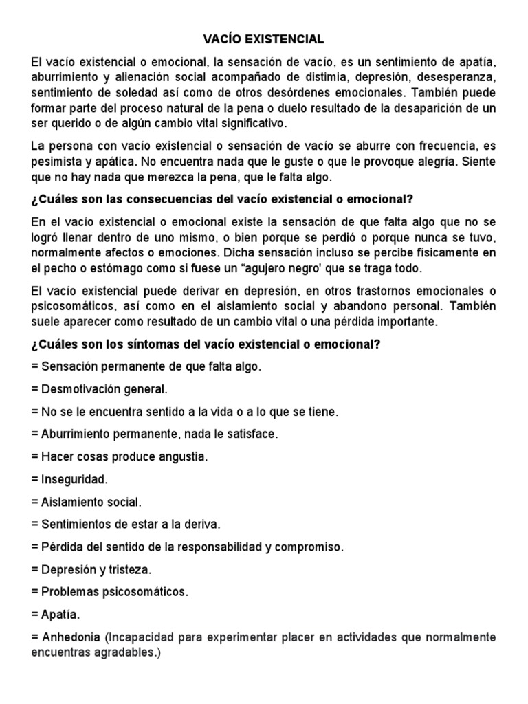 Vacío Existencial | PDF | Depresión (estado de ánimo) | Las emociones