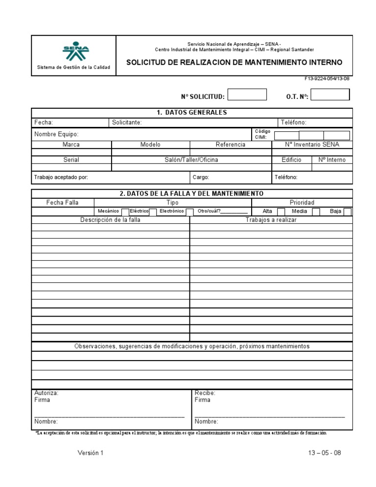 Solicitud de Realizacion de Mantenimiento Interno