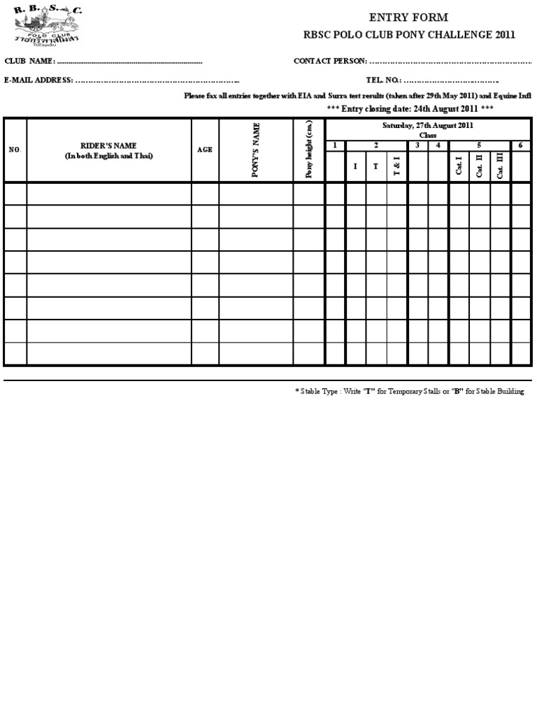 Entry Form For Pony Challenge 2011 | PDF | Sports & Recreation